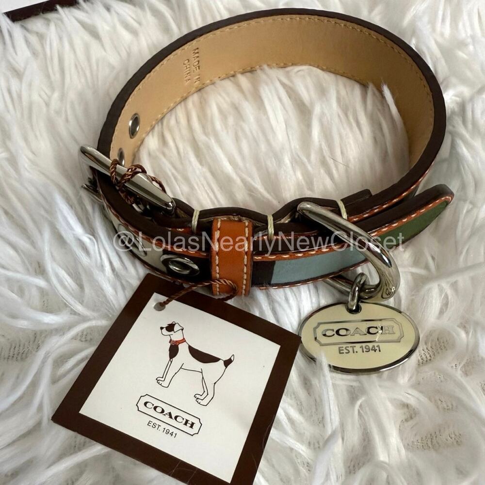 NWB y2k COACH Legacy Stripe Leather Dog Collar XS w COACH Charm Limited Ed Rare - Picture 2 of 10